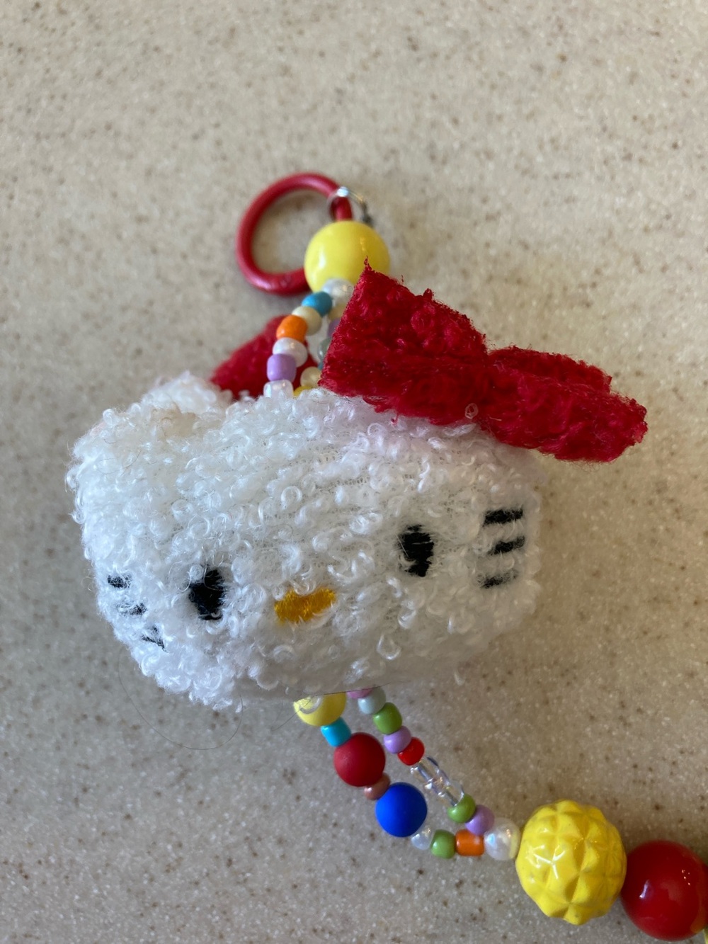 Hello Kitty White Plush Head Bag Charm with Red Bow and Multicolor Beads - Picture 7 of 9